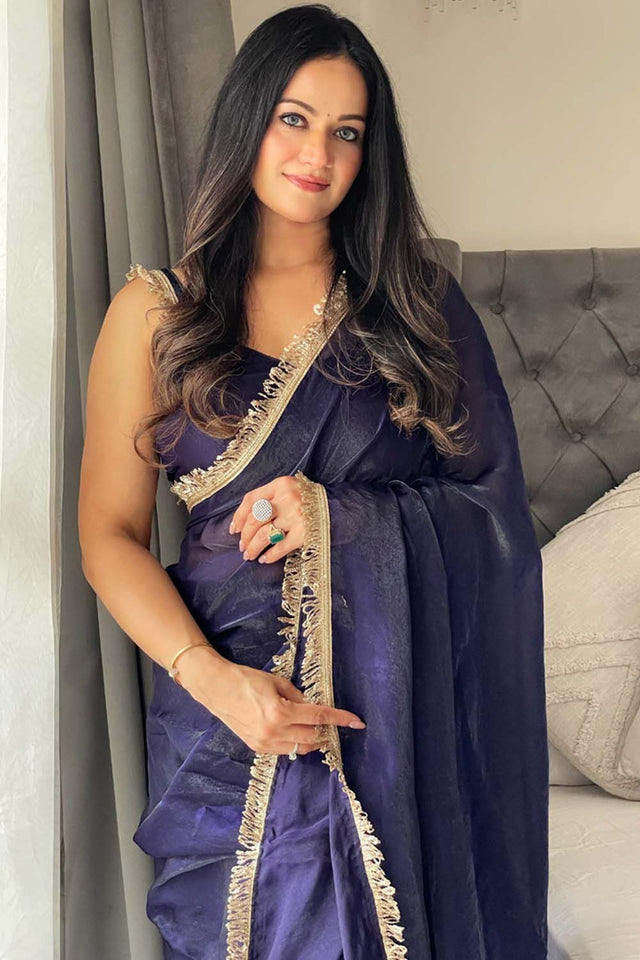 Navy Blue Solid Silk Saree