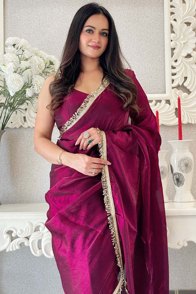 Wine Solid Silk Saree