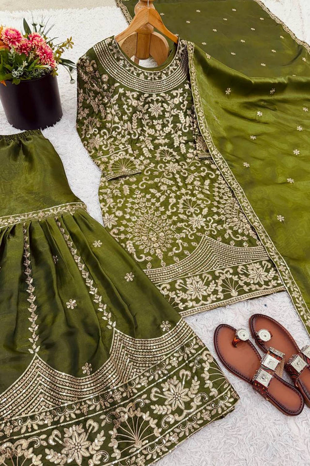 Mehendi Floral Embroidered Silk Sharara Suits