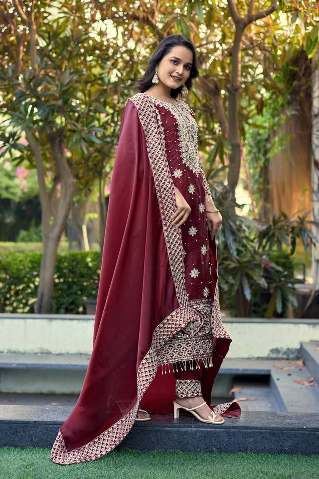 Maroon Sequin with Embroidered Silk Straight Cut Suits