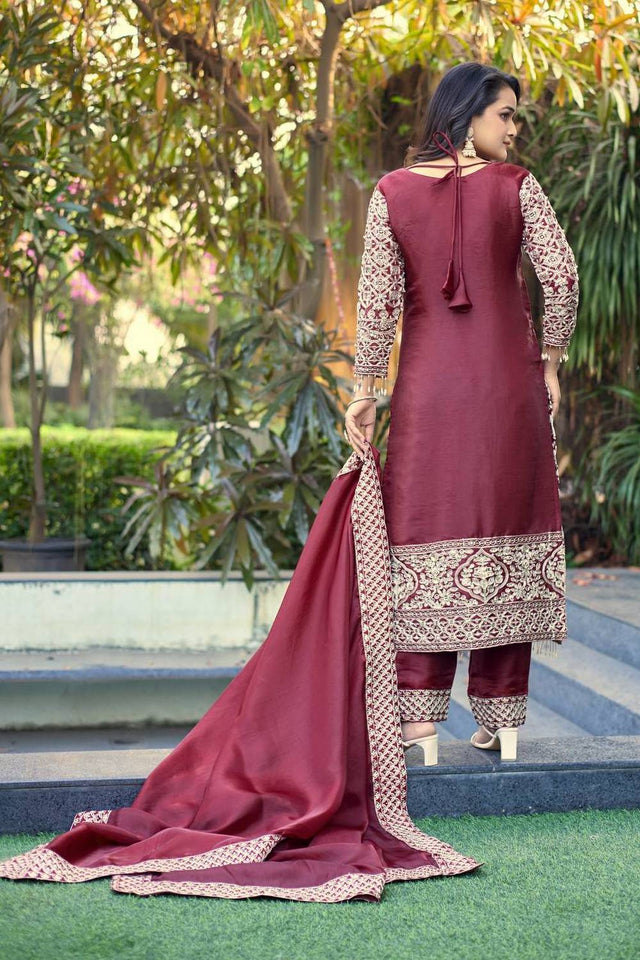 Maroon Sequin with Embroidered Silk Straight Cut Suits