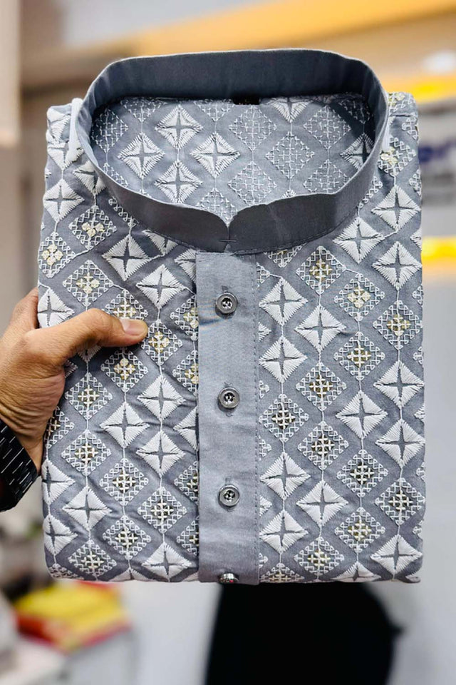Grey Embroidered Silk Men's Kurta Set