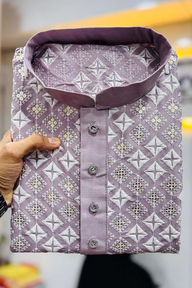 Pink Embroidered Silk Men's Kurta Set