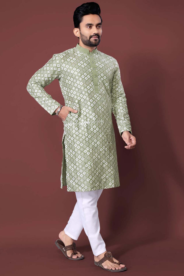 Green Embroidered Silk Men's Kurta Set