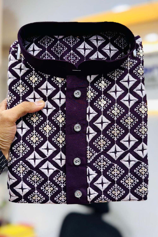 Red Embroidered Silk Men's Kurta Set