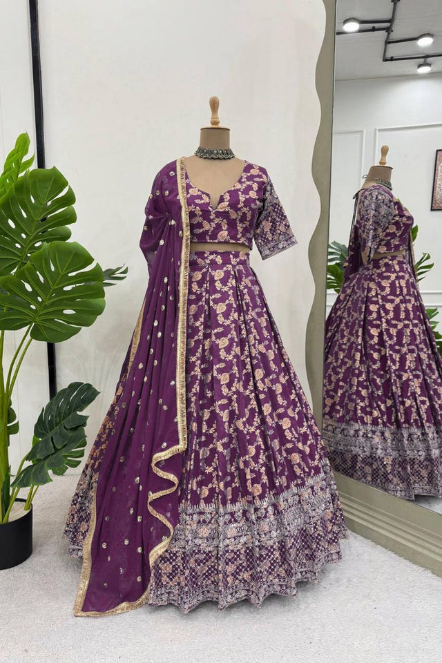 Violet Floral Embroidered Jacquard Lehenga (QRC-335-purple.)