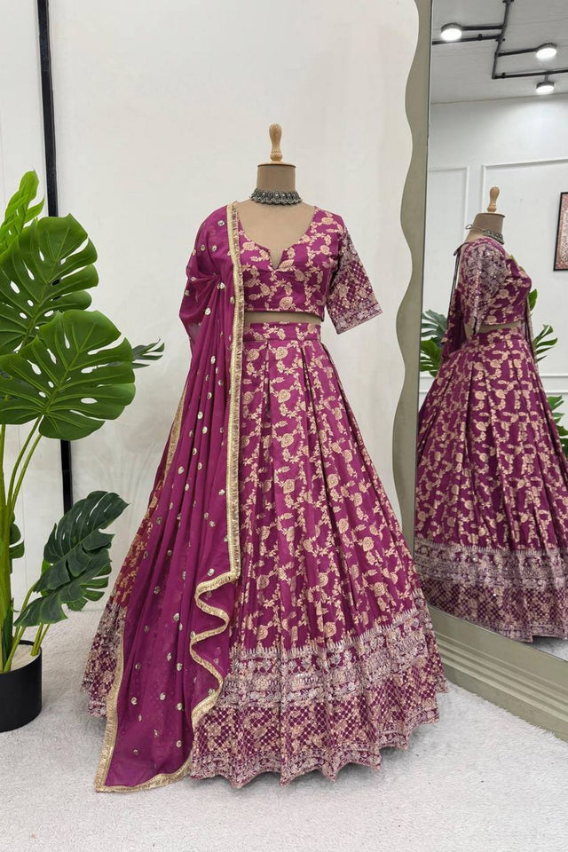 Wine Floral Embroidered Jacquard Lehenga (QRC-335-wine.)