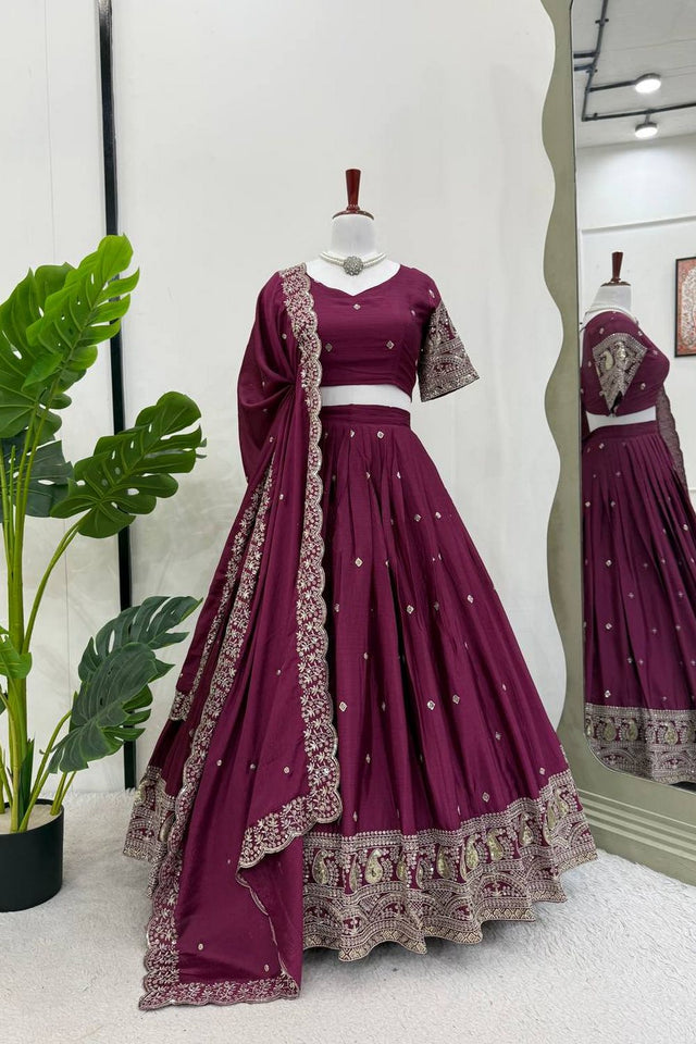 Wine Embroidered Art Silk Lehenga (QRC-353-wine.)