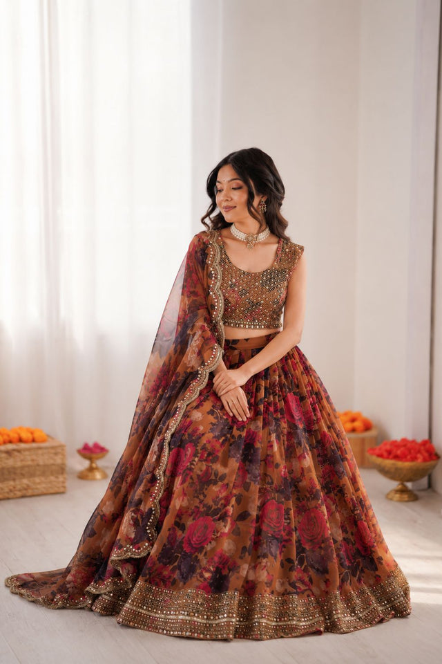 Multi Color Floral Printed Organza Lehenga (QRC-354.)