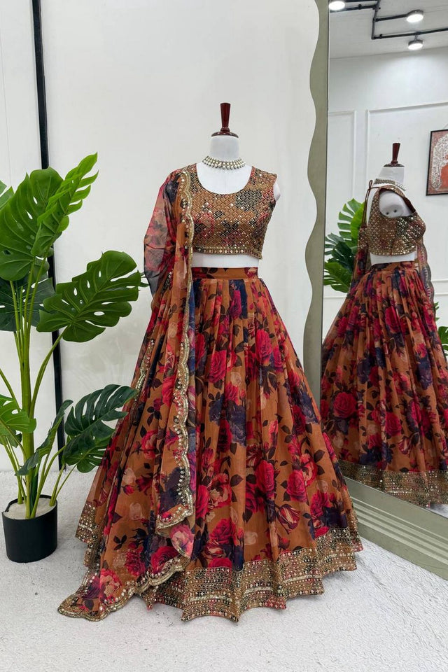 Multi Color Floral Printed Organza Lehenga (QRC-354.)