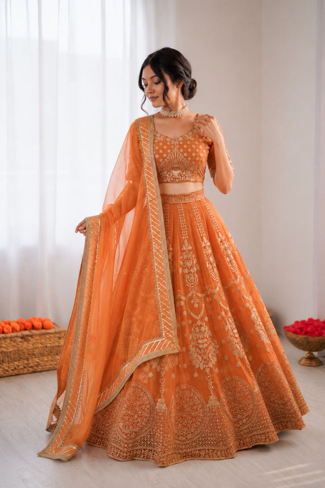 Orange Floral Embroidered Georgette Lehenga (QRC-389.)