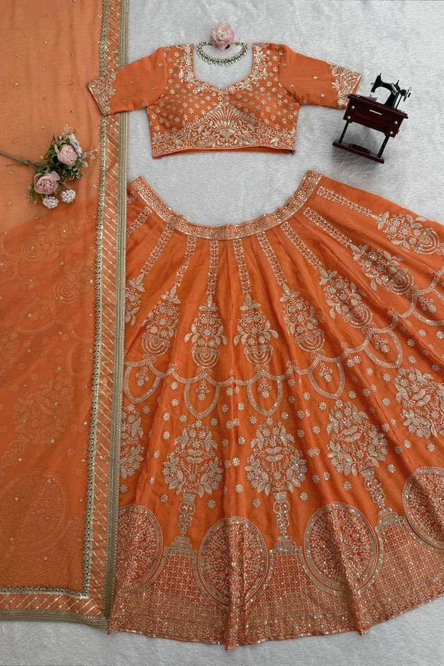 Orange Floral Embroidered Georgette Lehenga (QRC-389.)