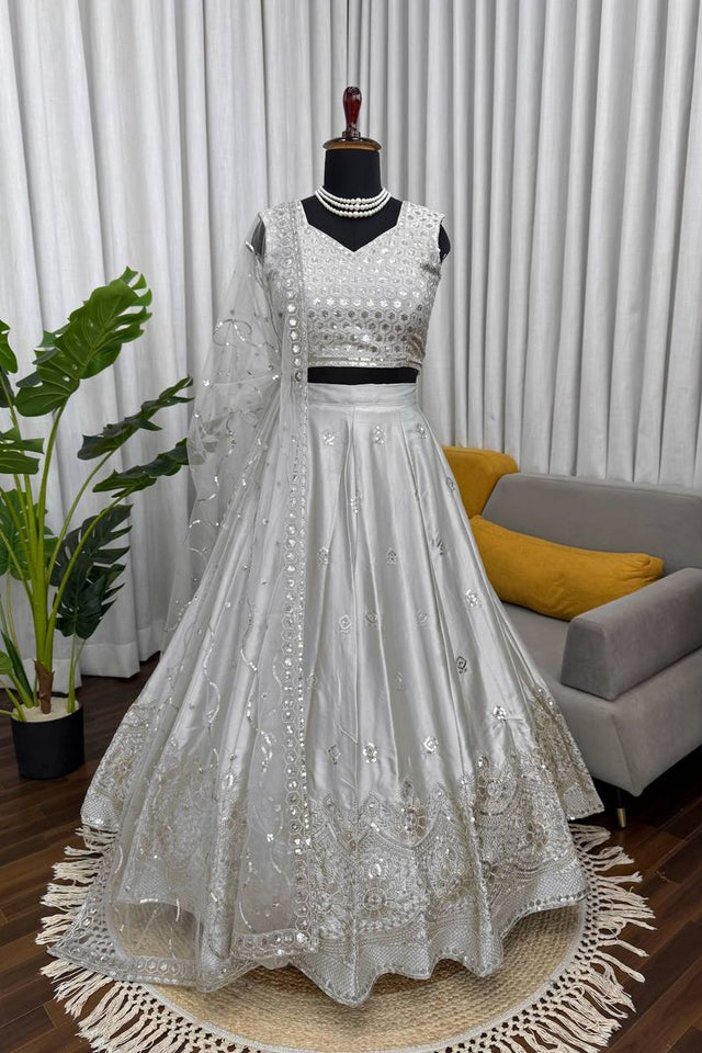 Light Grey Floral Embroidered Art Silk Lehenga (QRC-390.)