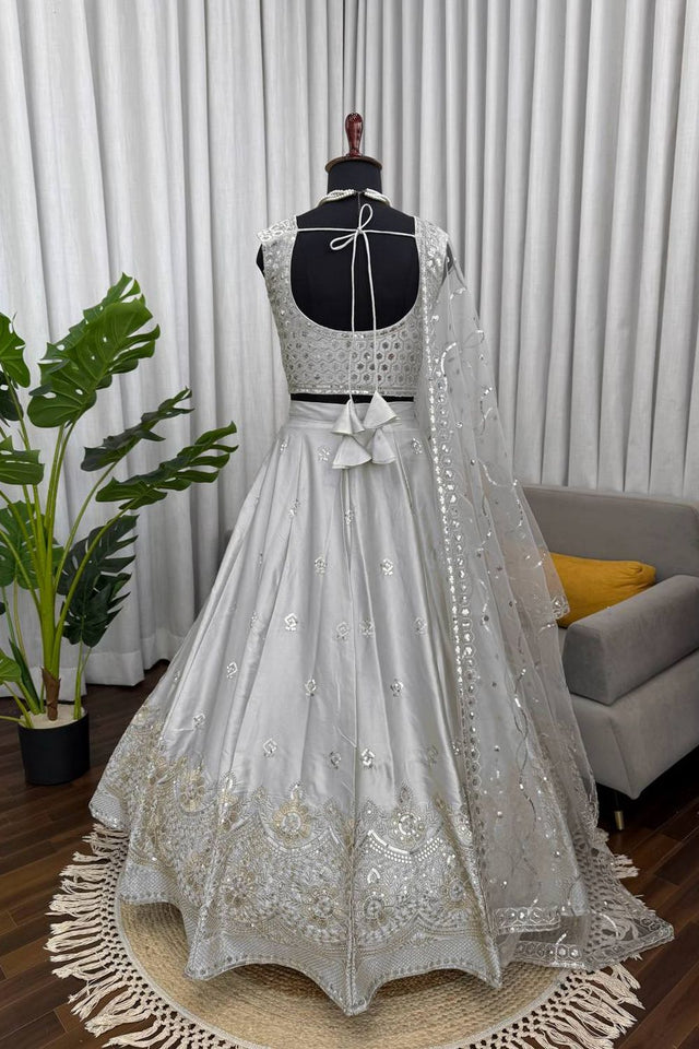 Light Grey Floral Embroidered Art Silk Lehenga (QRC-390.)