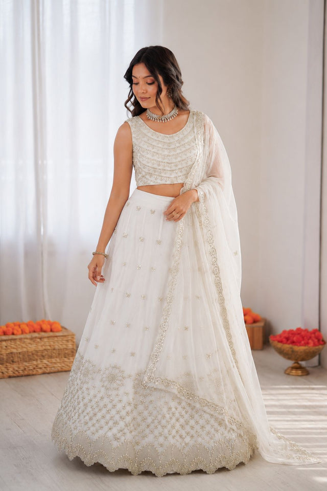 Off White Floral Embroidered Georgette Lehenga (QRC-399.)