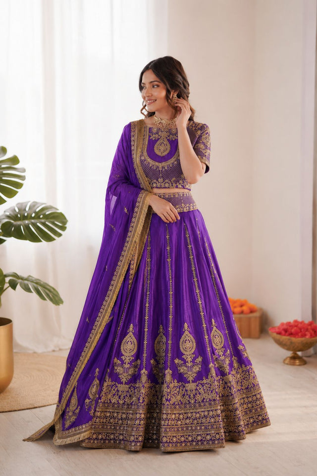 Violet Heavy Embroidered Art Silk Lehenga (QRC-403)