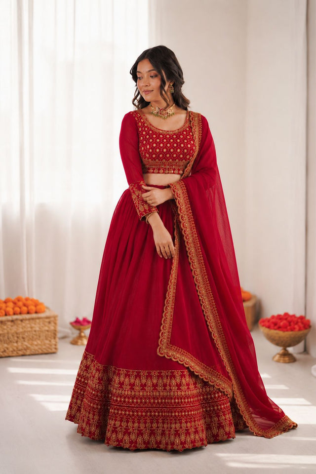 Red Embroidered Art Silk Lehenga (QRC-404-red)