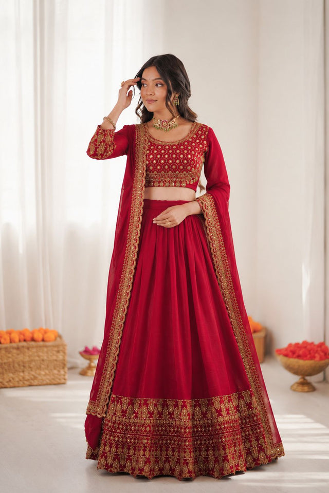 Red Embroidered Art Silk Lehenga (QRC-404-red)