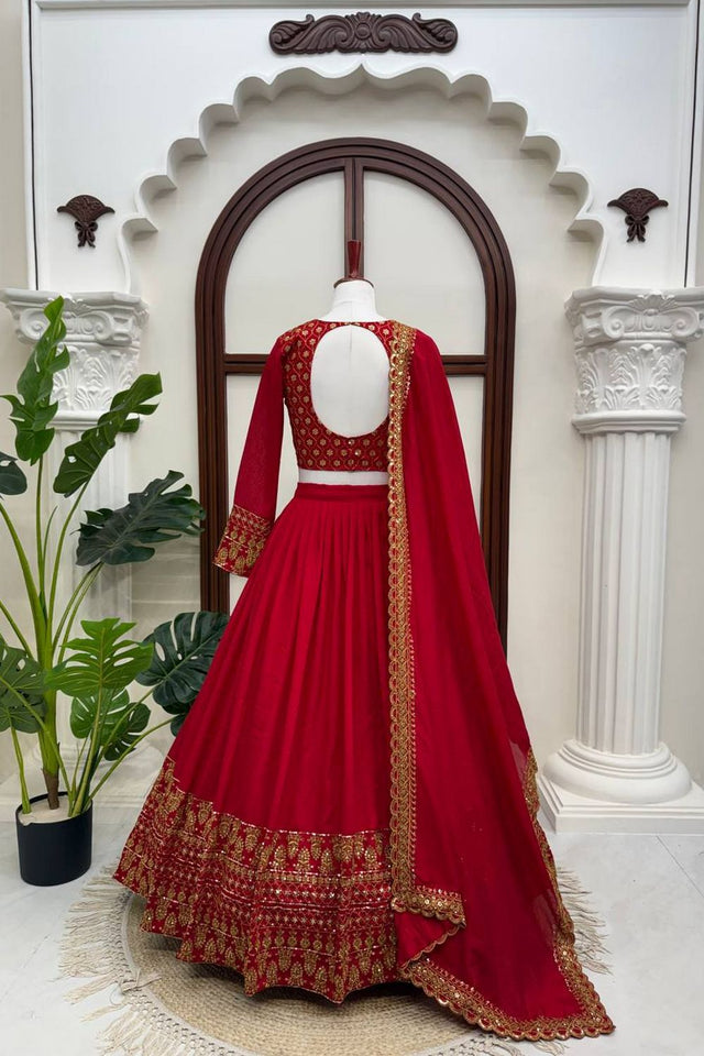 Red Embroidered Art Silk Lehenga (QRC-404-red)