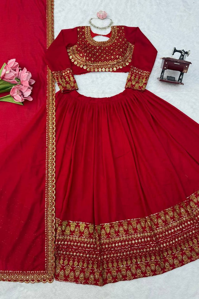 Red Embroidered Art Silk Lehenga (QRC-404-red)