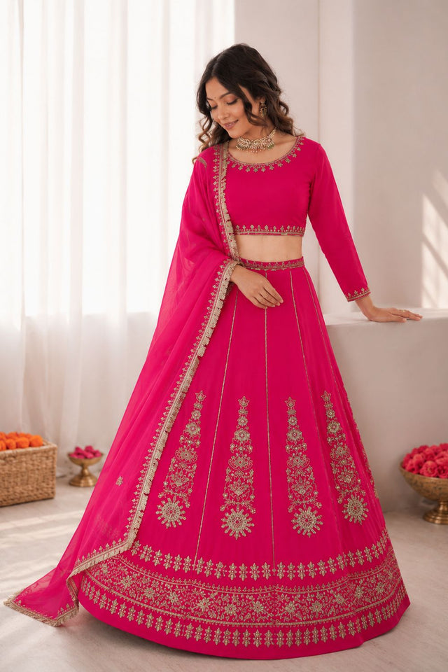 Pink Embroidered Art Silk Lehenga (QRC-405-pink)