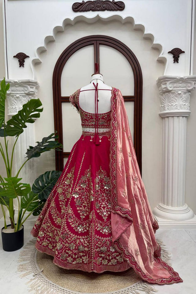 Pink Floral Embroidered Chanderi Lehenga (QRC-408)