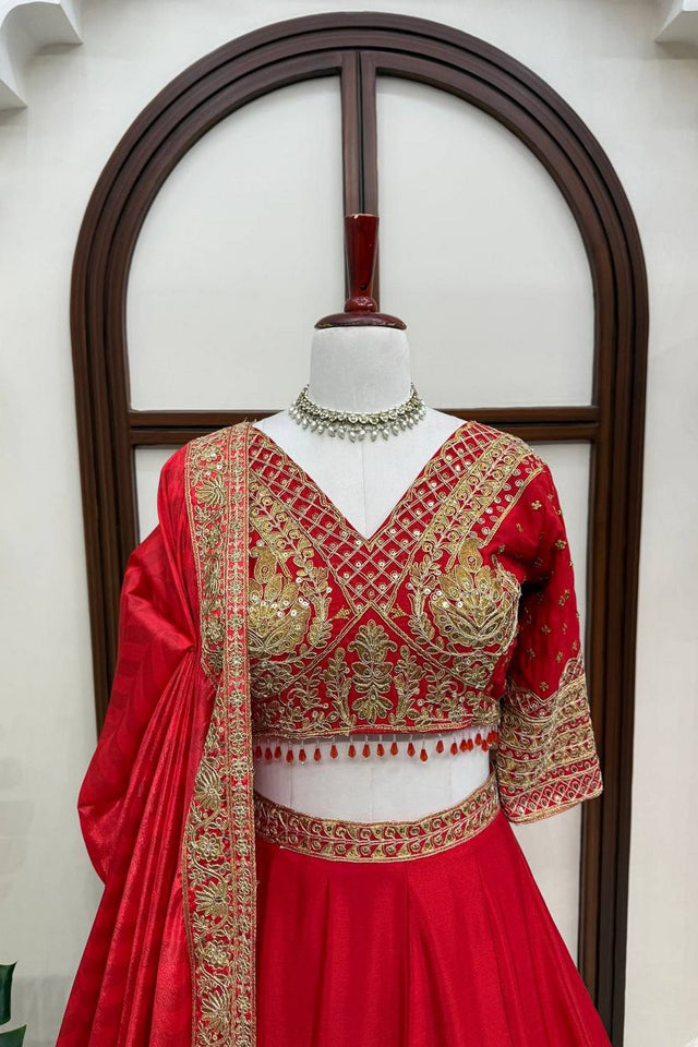 Red Floral Embroidered Art Silk Lehenga (QRC- 407)
