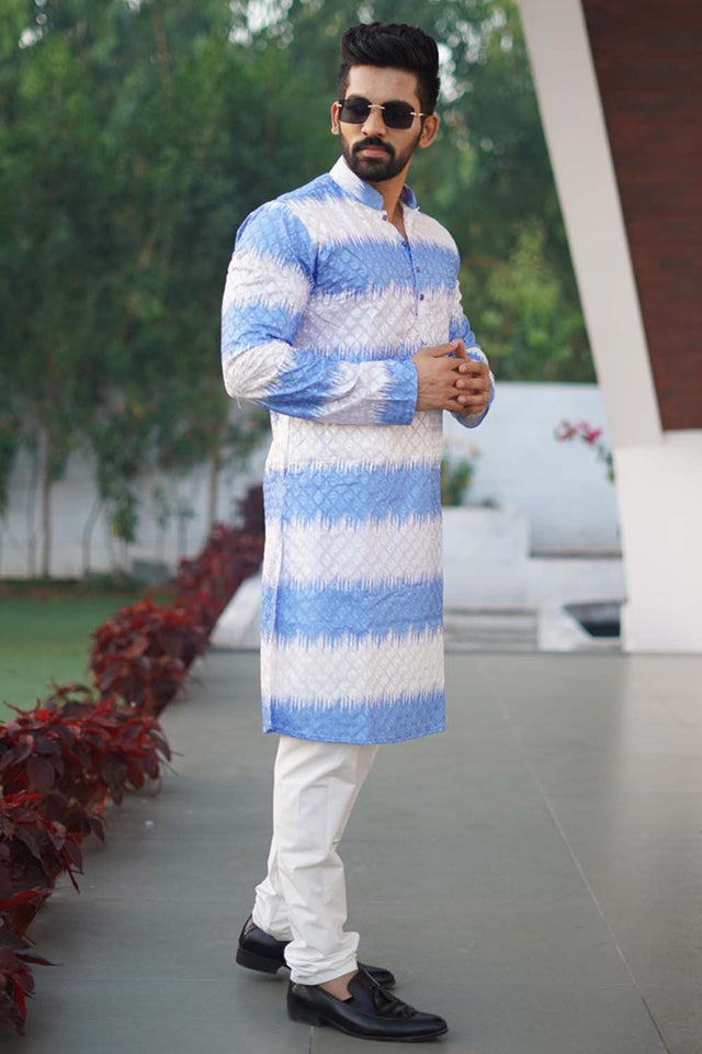 Blue Embroidered Cotton Men's Kurta Set