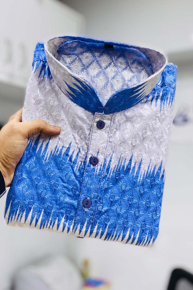 Blue Embroidered Cotton Men's Kurta Set