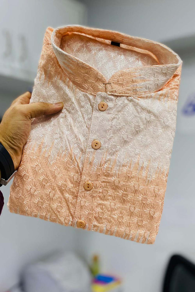 Orange Embroidered Cotton Men's Kurta Set