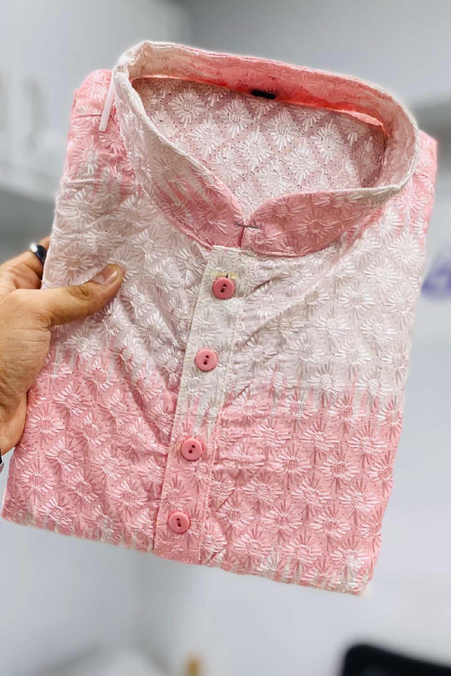 Pink Embroidered Cotton Men's Kurta Set