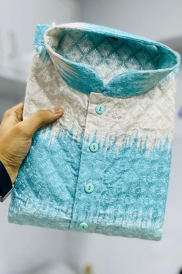 Blue Embroidered Cotton Men's Kurta Set