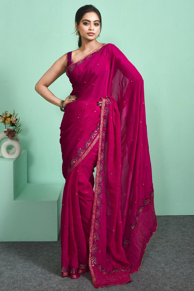 Pink Mirror Embroidered Chiffon Saree (RBFPYZ6C3822)