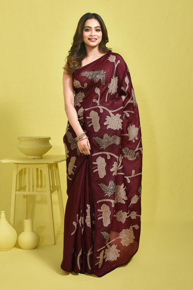 Violet Floral Embroidered Chiffon Saree (RBHQQV6C3784)