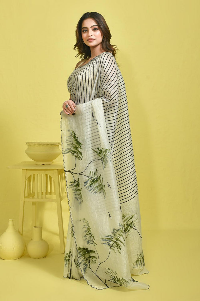 White Beads & Stone Embossed Chiffon Saree (RBHWWP6C3802)