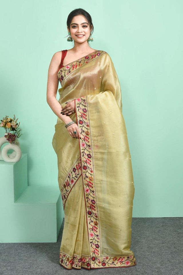 Cream Woven Tissue Saree (RBICCU6C3830)