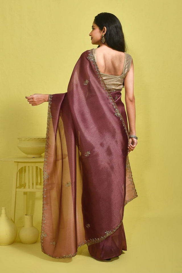 Violet Sequin with Embroidered Tissue Saree (RBIQQT6B3732)