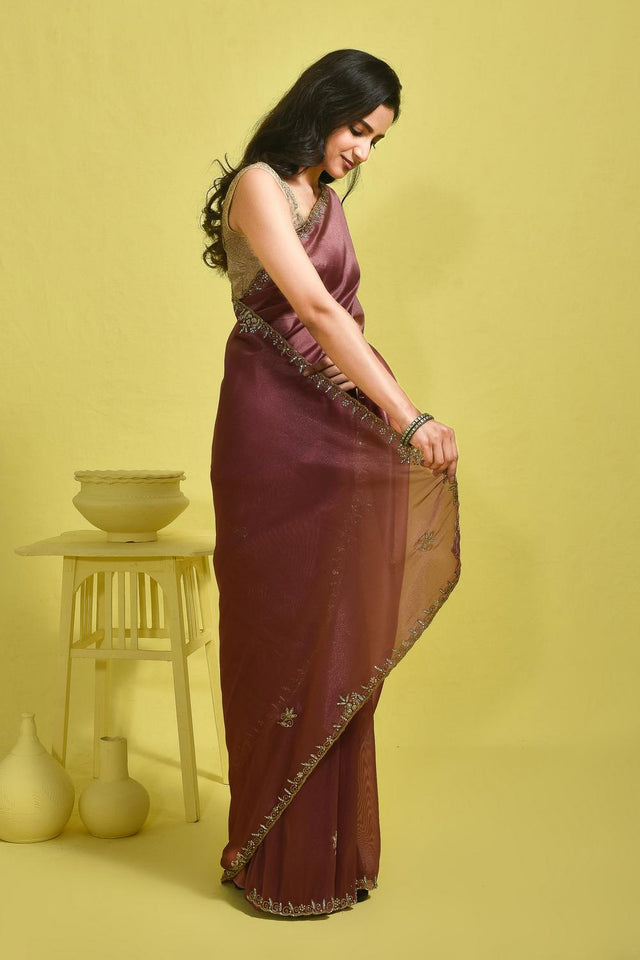Violet Sequin with Embroidered Tissue Saree (RBIQQT6B3732)
