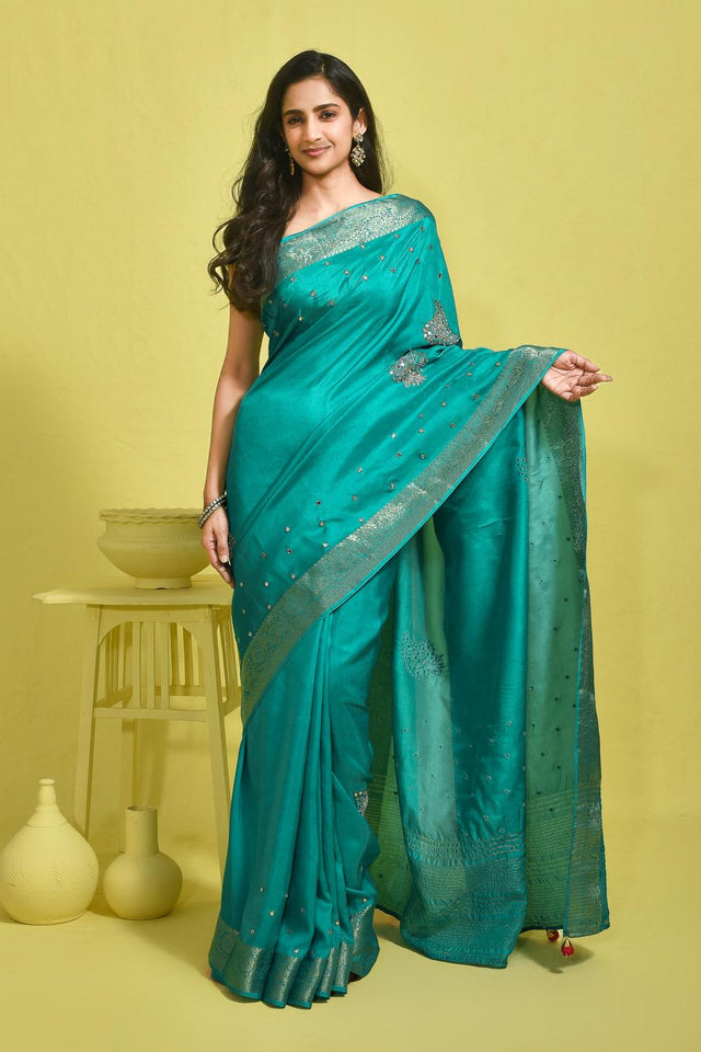 Blue Mirror Sequin Silk Blend Saree (RBMBBV6B3709)