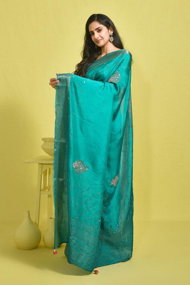 Blue Mirror Sequin Silk Blend Saree (RBMBBV6B3709)