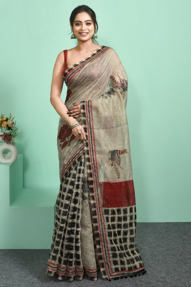 Grey Thread Work Silk Blend Saree (RBMELL6C3833)