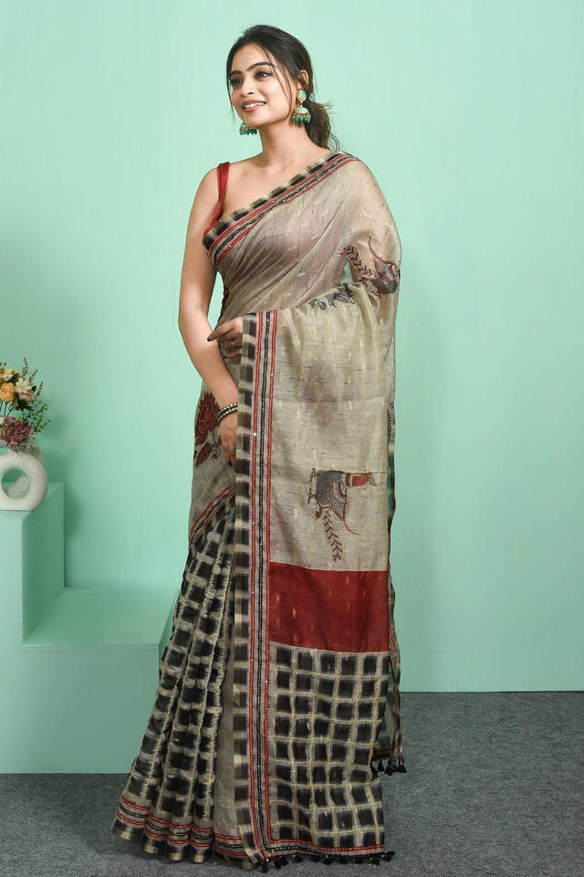 Grey Thread Work Silk Blend Saree (RBMELL6C3833)