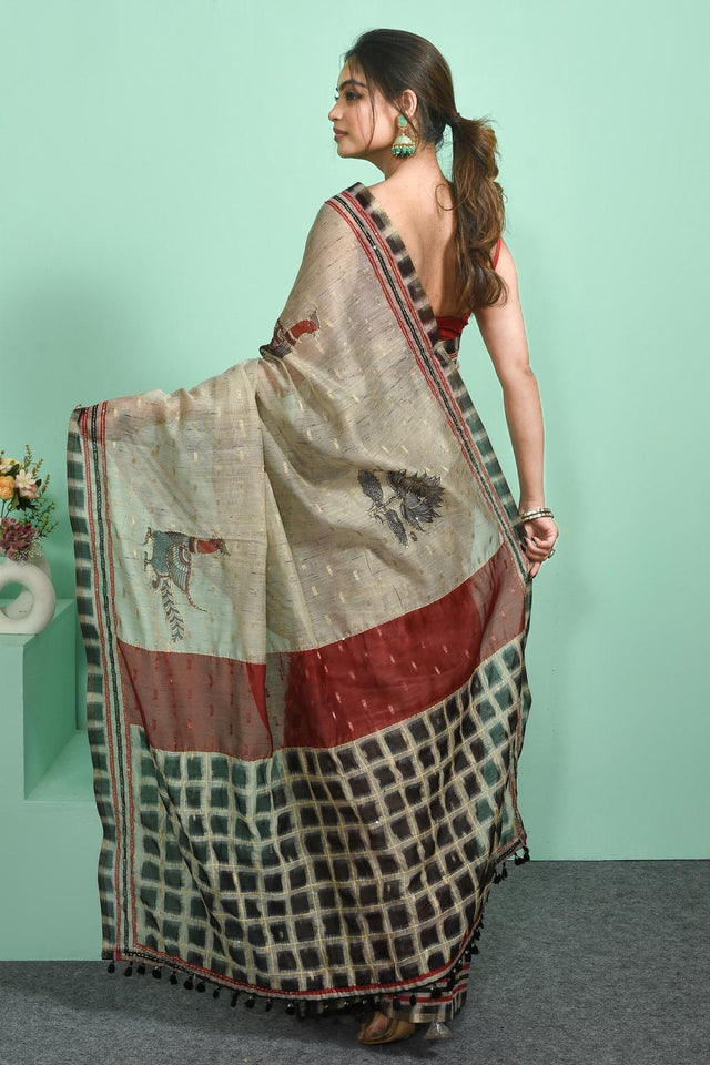 Grey Thread Work Silk Blend Saree (RBMELL6C3833)