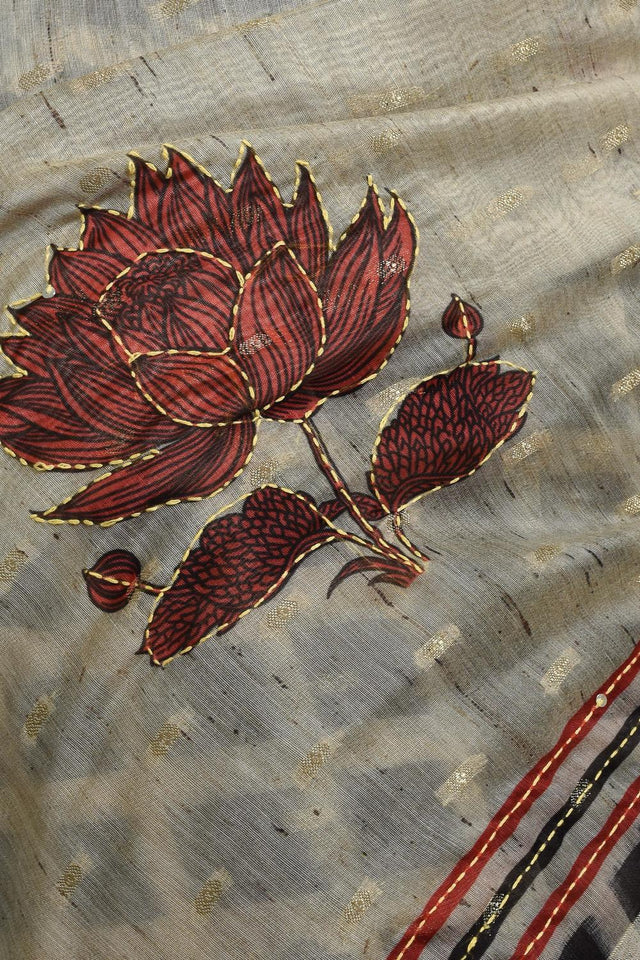 Grey Thread Work Silk Blend Saree (RBMELL6C3833)