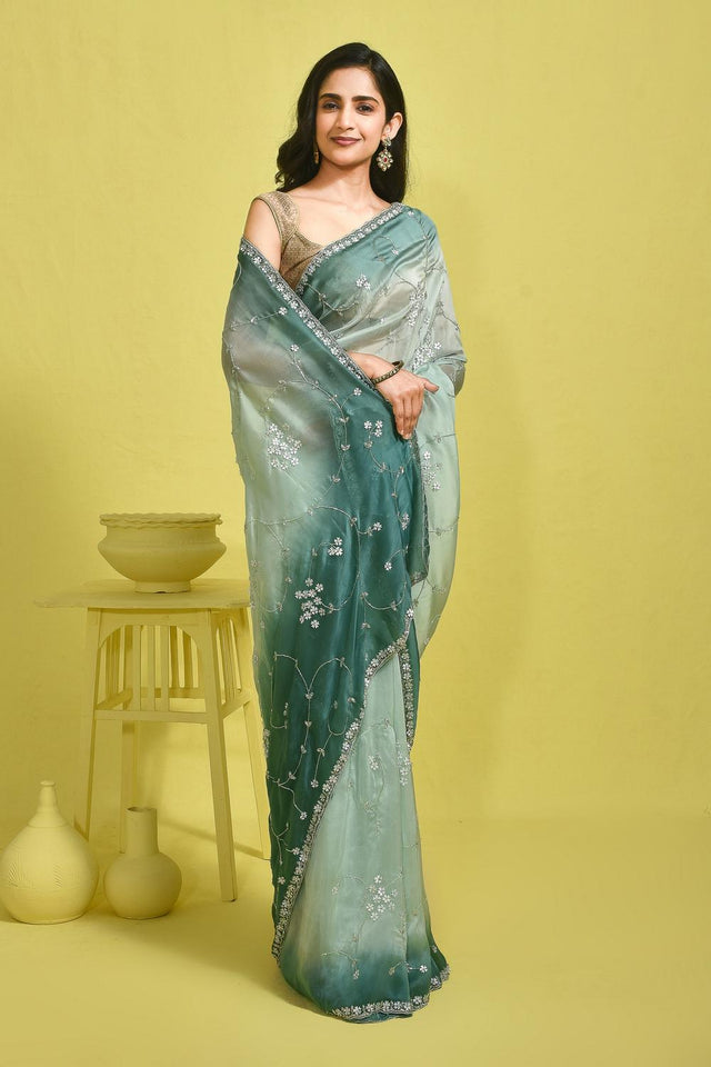 Green Floral Embroidered Silk Blend Saree (RBMGGZ6B3730)