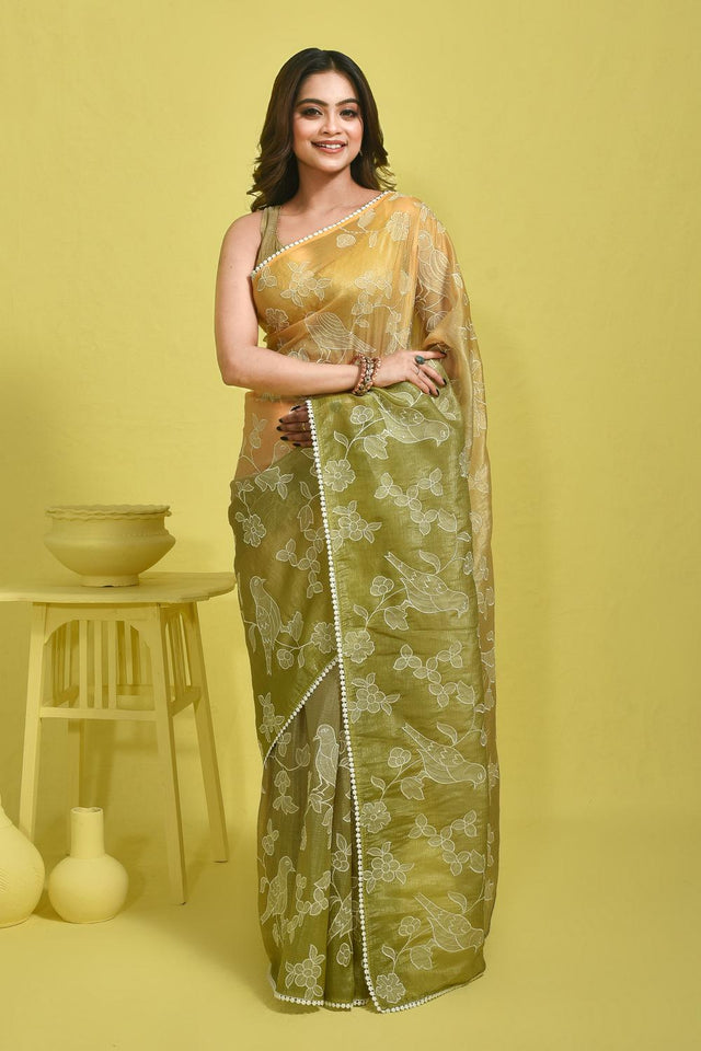 Green Floral Embroidered Silk Blend Saree (RBMGYV6C3767)