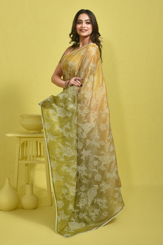 Green Floral Embroidered Silk Blend Saree (RBMGYV6C3767)
