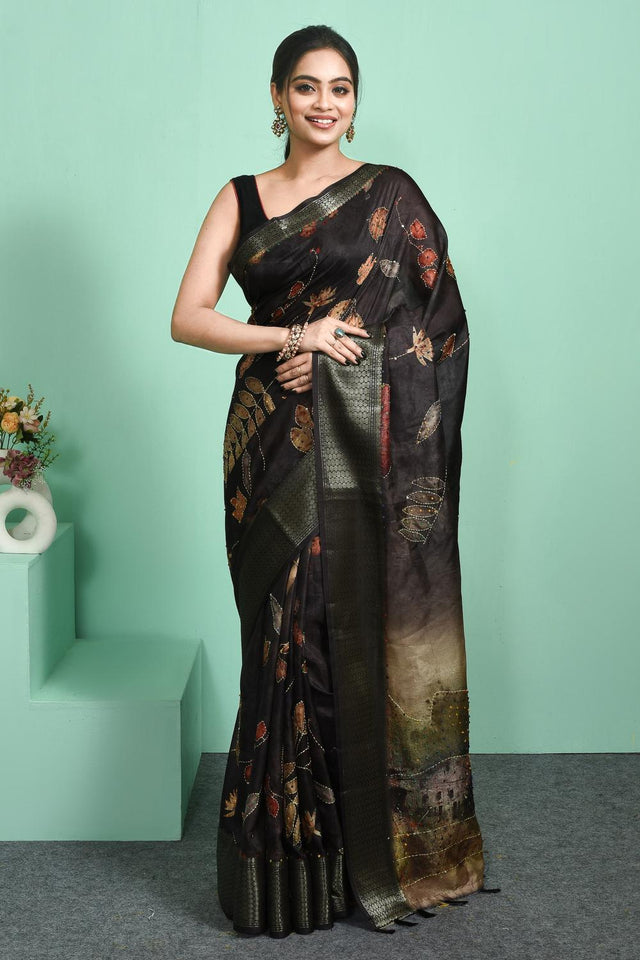 Black Floral Embroidered Silk Blend Saree (RBMLLN6C3810)