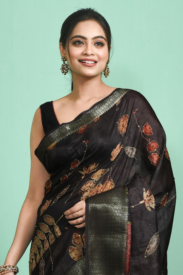 Black Floral Embroidered Silk Blend Saree (RBMLLN6C3810)