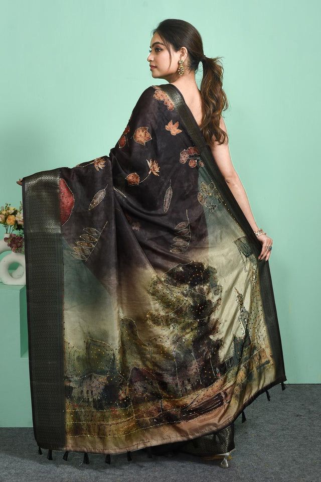 Black Floral Embroidered Silk Blend Saree (RBMLLN6C3810)